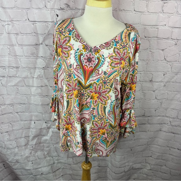 allison daley Colorful Paisley peasant Top boho western business casual sz L - Picture 1 of 9